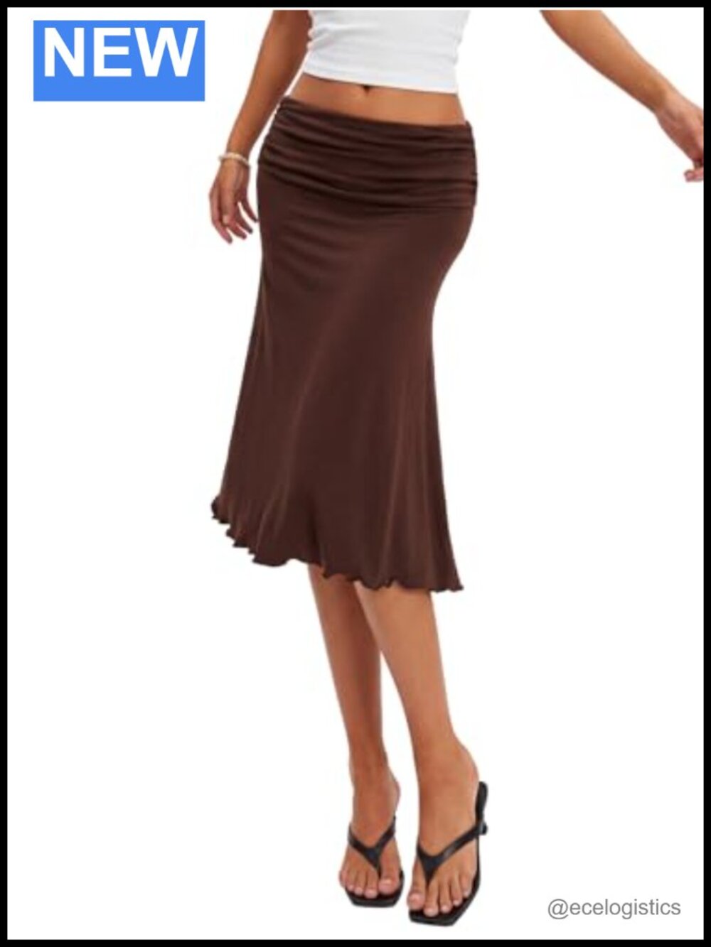 Ruched Mermaid Midi Skirt Fold Over Waist Stretchy Casual